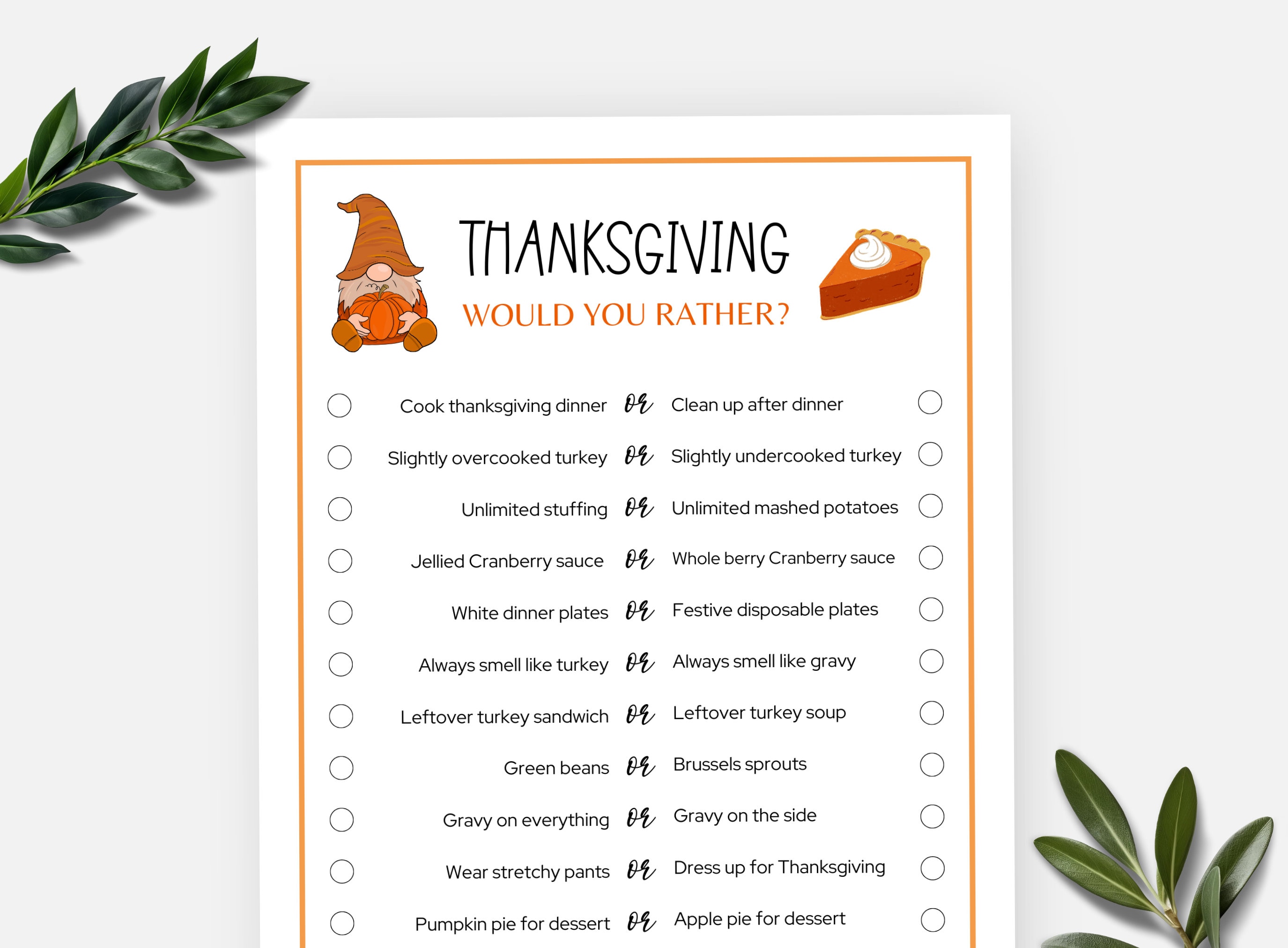 thanksgiving would you rather, this or that, printable