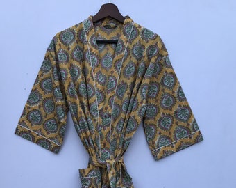 MOUTARDE JAUNE Imprimé Floral Kimono Coton Robe de bain vintage Manteau du matin Robe de demoiselle d’honneur Robe de chambre de mariée Cadeau pour elle