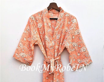 100% Cotton Kimono Robe Dressing Gown, Block Print Bridesmaid Robe, Summer Nightwear, One Size