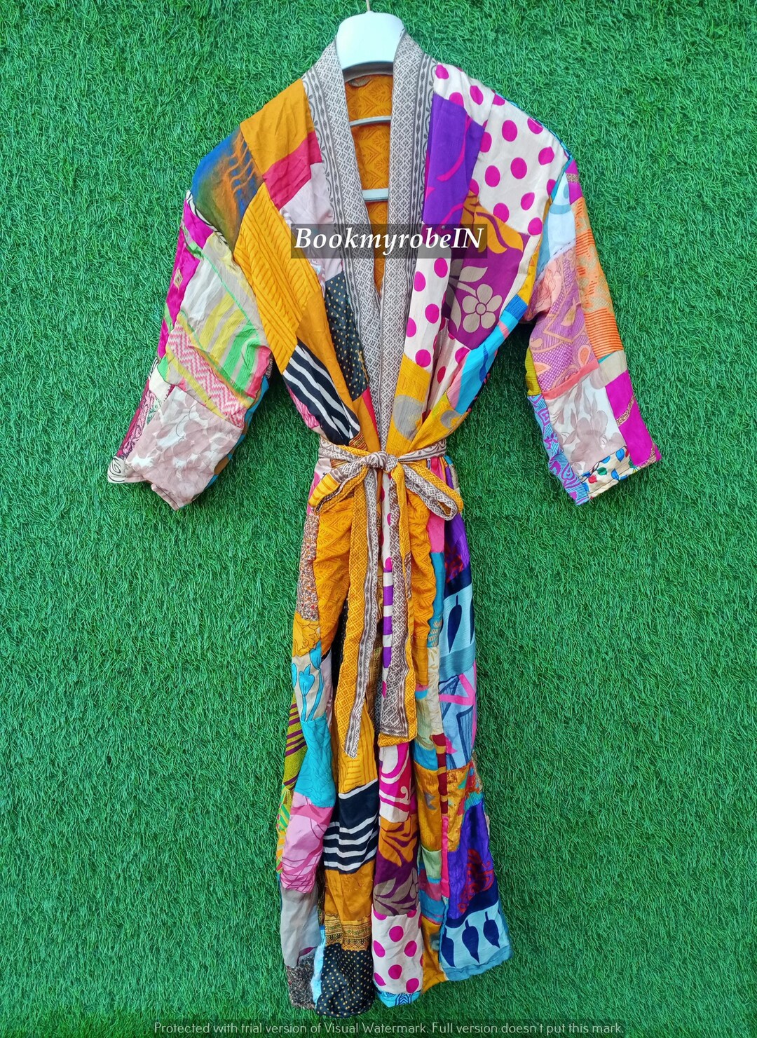 Silk Kimono Robe, Patchwork Dressing Gown, Silk Night Wear, Women ...