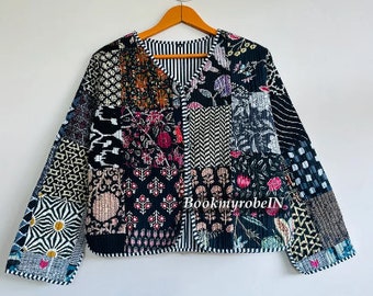 Giacca trapuntata in tessuto con stampa a blocchi indiani a mano Kimono corto Le donne indossano un cappotto patchwork di nuovo stile regalo per lei