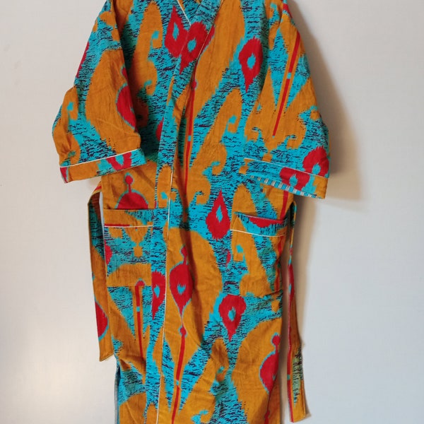 Velvet Ikat print boho jacket Japanese kimono style ethical winter robe winter jacket multi colored tie belt coat