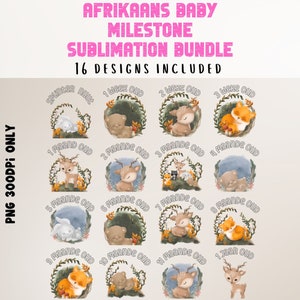 Archivos PNG de hitos mensuales de bebés en afrikaans / Pegatinas digitales para recién nacidos / Archivos de diseño de sublimación para bebés nuevos / Diseños de Baba Mylpaal en afrikaans
