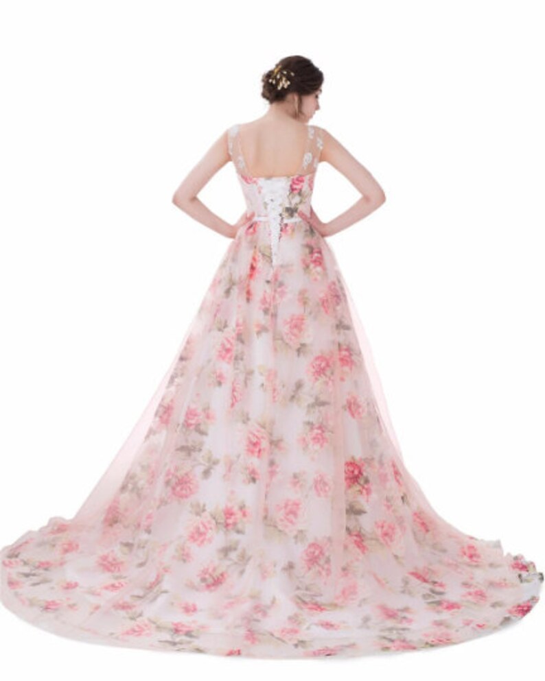 Pink Flowers Prom Dress Floral Print Evening Gown Lace Etsy
