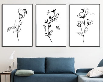 sets of 3 prints wall art, line flower wall art, white line flower art print, digital download, simple flower print art, botanical line art