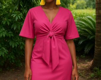 Hot Pink Wrap Dress: Flutter Sleeve Midi Dress with Tie Waist