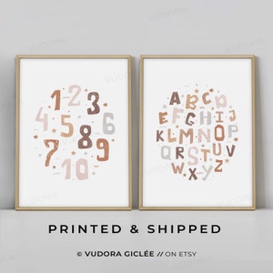 Boho Kids Gift Escuela primaria Arte de pared digital Habitación para niños A4 A3 A2 Girl Boy Poster Set de 2 Arte de pared Alfabeto Aprender letras