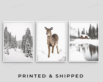 May include: A set of three winter landscape prints featuring a snowy forest, a deer in a snowy field, and a cabin by a frozen lake. The prints are framed in white.