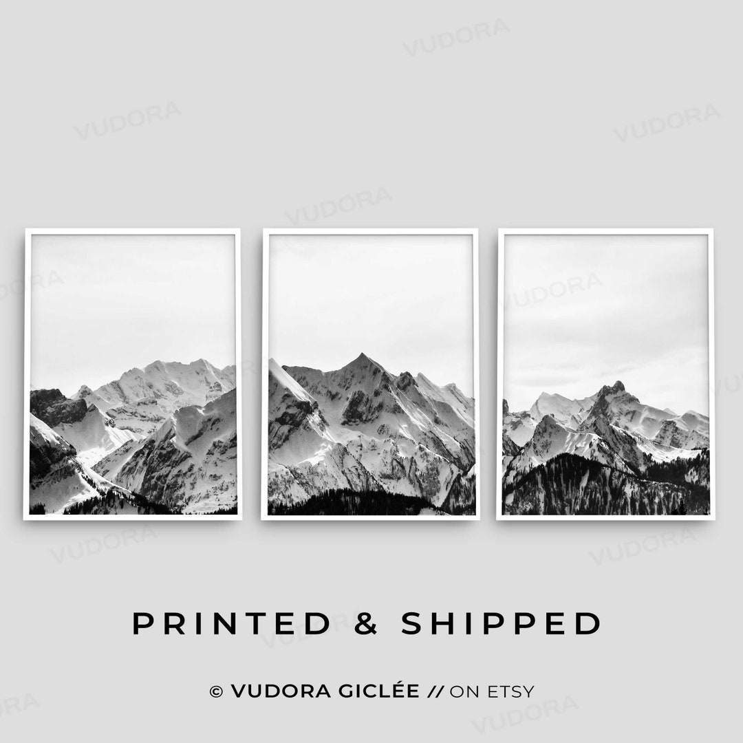 Mountain Art Print, Black White Wall Art, Set of 3 Prints, Mountain ...