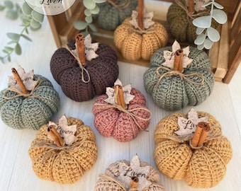 May include: A collection of crocheted pumpkins in various colors including mustard yellow, sage green, dark brown, dusty pink, and beige. Each pumpkin is topped with a cinnamon stick stem, a twine bow, and a small fabric leaf tag labeled Liven.