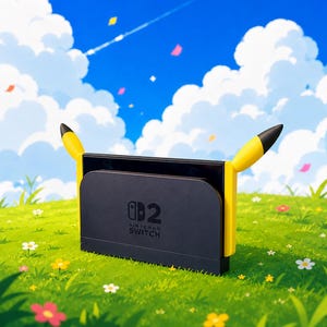 Könnte beinhalten: Eine schwarze Nintendo Switch Konsolen-Dockingstation mit gelben Pikachu-Ohren an den Seiten. Die Station steht auf einer Wiese mit Blumen unter einem hellblauen Himmel mit weißen Wolken. Das Nintendo Switch Logo ist auf der Vorderseite aufgedruckt.