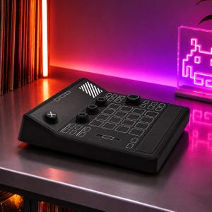 May include: A black audio mixing console featuring a grid of square buttons, several circular control knobs, a large cross-marked button on the left, and a rectangular slider. The device has a slanted top surface with white outlines for each control.