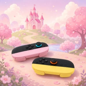 May include: Two wireless game controllers with a rounded, oval shape. One controller features a black top half and a pastel pink bottom half with a blue joystick. The other controller has a black top half and a yellow bottom half with an orange joystick.