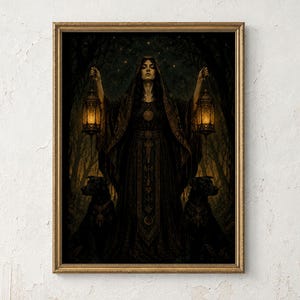 May include: A framed wall art print depicting a figure in a dark hooded robe holding two glowing lanterns in a forest setting. Two black dogs sit at the figure's sides. The scene is set against a dark, starry night sky with golden light.