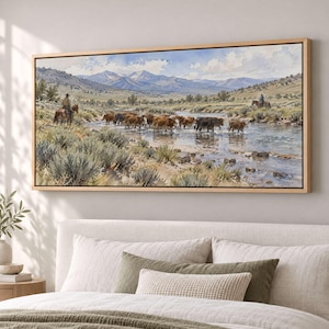 Cattle Crossing a Shallow Ford Canvas Print, Soft Watercolor Style - JY4Q1N