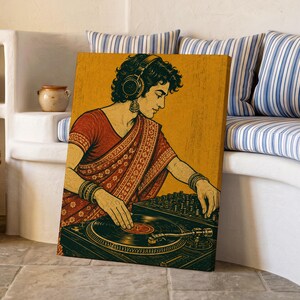 Sari-Clad DJ Woodblock Ochre Terracotta Turntable Poster & Canvas J4A7R
