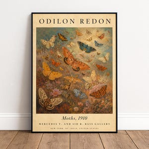 Pode incluir: Uma impressão de arte emoldurada intitulada ODILON REDON Moths, 1910, apresentando uma coleção de várias mariposas e borboletas em tons de laranja, azul, amarelo e marrom sobre um fundo floral, com texto de galeria na parte inferior em moldura de madeira.