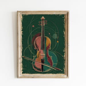 Peut inclure: Une impression d'art encadrée représentant un violon et un archet stylisés centrés sur un fond vert foncé. Le violon présente des segments multicolores en rouge, jaune et bleu sarcelle, accentués par de fines lignes géométriques circulaires.