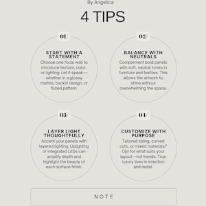 May include: A graphic design with the title "4 TIPS" by Angelica. The design features four circular sections with interior design advice: Start with a Statement, Balance with Neutrals, Layer Light Thoughtfully, and Customize with Purpose.