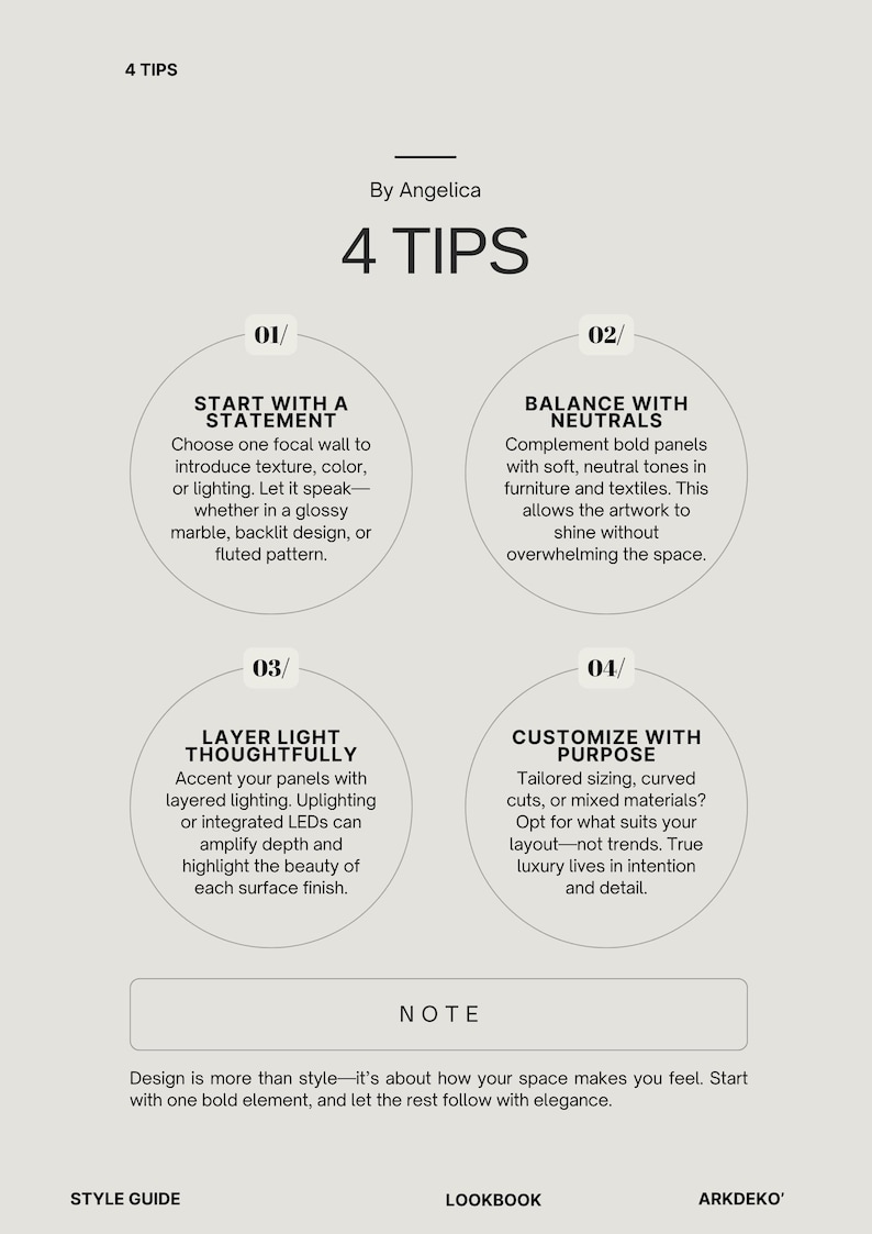 May include: A graphic design with the title "4 TIPS" by Angelica. The design features four circular sections with interior design advice: Start with a Statement, Balance with Neutrals, Layer Light Thoughtfully, and Customize with Purpose.