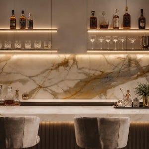 May include: A home bar setup featuring a white marble countertop and backsplash with gold veining. Two velvet upholstered chairs sit in front. Shelves hold various glass liquor bottles, crystal tumblers, stemmed cocktail glasses, and a metal ice bucket.