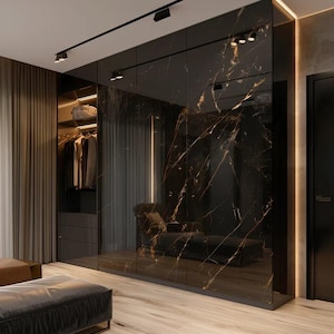 Marquinia Gold Black Marble Accent Wall. Tailor made Artwork Panels from Italy. Sleekly elevate your accent wall with one of a kind design.