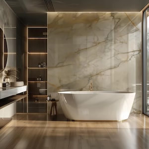 Luxury Marble Bathroom Wall Panels – Gold Look, Waterproof Feature Panel, Spa-Style Accent Wall for Modern Bathroom Remodel