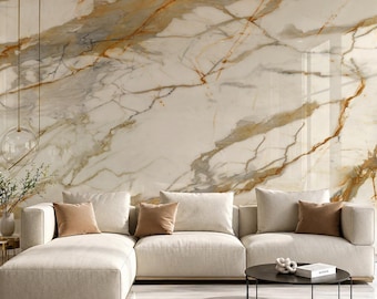 Luxury Marble Wall Panel – Calacatta Gold Look, Large Feature, Modern Interior Living Room, High-End
