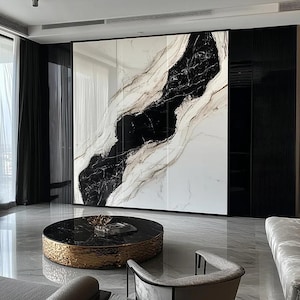 Panda Black and White Marble Accent Wall. Tailor made Artwork Panels from Italy. Sleekly elevate your accent wall with one of a kind design.