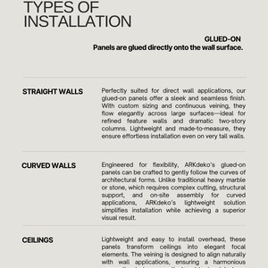 May include: An information graphic detailing premise types of installation. The text describes glued-on panels for straight walls, curved walls, and ceilings. The panels are lightweight and easy to install.