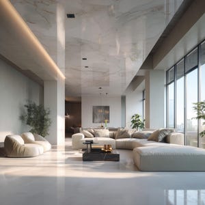 May include: A modern living room with a large sectional sofa, a coffee table, and a marble-like ceiling. The room has large windows, allowing natural light to illuminate the space. Plants add a touch of nature to the interior.