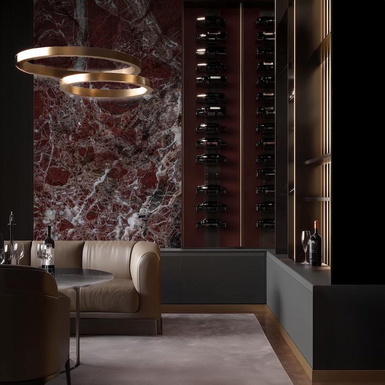 Gothic home decor wall panels in a dark red and black marble look. Inspired by Rosso Levanto marble, ARKdeko’s luxury panels bring bold elegance to gothic interiors, wine rooms, and statement walls.