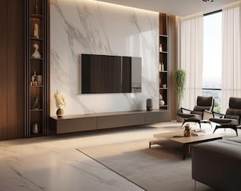 May include: A modern living room with a large flat screen TV mounted on a wall with a marble finish. The TV is on a dark brown entertainment center with two drawers. There is a large rug in front of the TV and a coffee table with a vase of flowers on it.