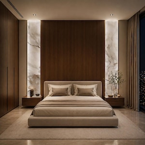 May include: A modern bedroom featuring a bed with beige bedding, two pillows, and a matching bed frame. The room has dark wood paneling, marble accents, and a neutral-colored rug. Two floating nightstands flank the bed.