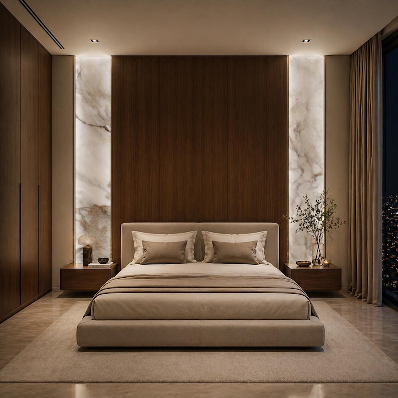 May include: A modern bedroom featuring a bed with beige bedding, two pillows, and a matching bed frame. The room has dark wood paneling, marble accents, and a neutral-colored rug. Two floating nightstands flank the bed.