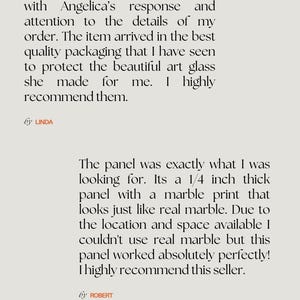 May include: A testimonial page with text about a positive customer experience. The text mentions a marble print panel that is 1/4 inch thick. The page also includes the words "STYLE GUIDE", "LOOKBOOK", and "ARKDEKO".