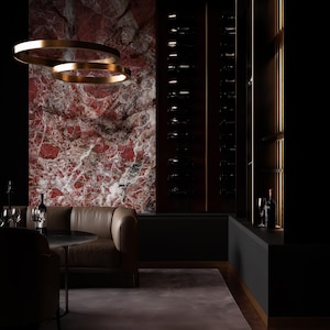 Gothic home decor wall panels in a dark red and black marble look. Inspired by Rosso Levanto marble, ARKdeko’s luxury panels bring bold elegance to gothic interiors, wine rooms, and statement walls.