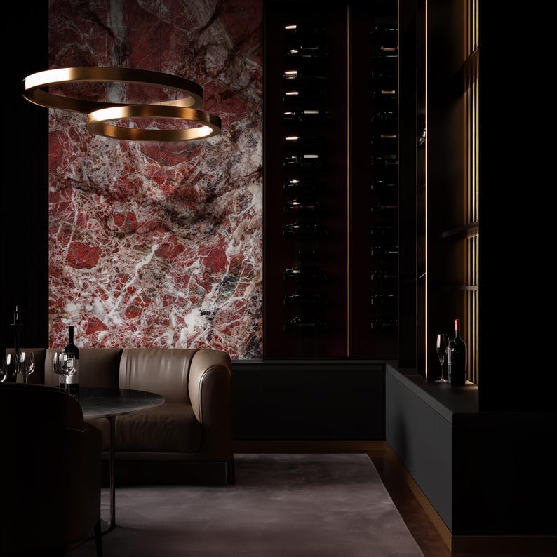 Gothic home decor wall panels in a dark red and black marble look. Inspired by Rosso Levanto marble, ARKdeko’s luxury panels bring bold elegance to gothic interiors, wine rooms, and statement walls.