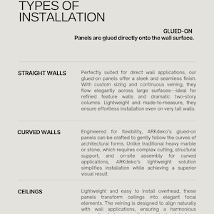 May include: A page with text detailing premise types of installation, including straight walls, curved walls, and ceilings. The text describes glued-on panels and their applications, with a focus on design and ease of installation.