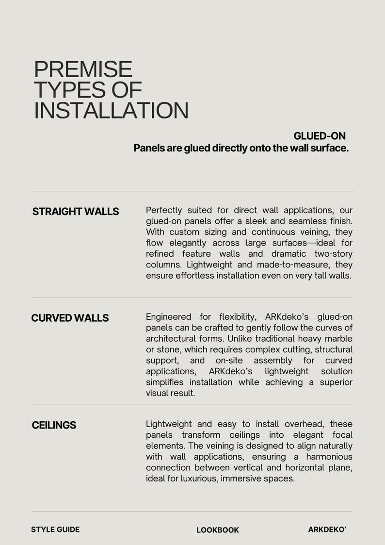 May include: A page with text detailing premise types of installation, including straight walls, curved walls, and ceilings. The text describes glued-on panels and their applications, with a focus on design and ease of installation.
