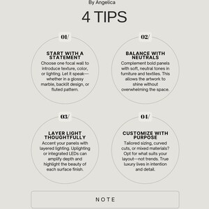 May include: A design guide titled "4 TIPS" by Angelica, offering advice on interior design. The tips include starting with a statement, balancing with neutrals, layering light, and customising with purpose. The image also includes the words "Style Guide", "Lookbook", and "ARKDEKO".