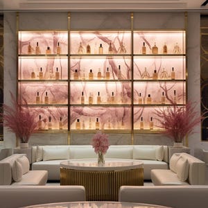 Può includere: Un divano in pelle bianca con dettagli dorati si trova in un'area lounge moderna con un'unità di scaffalatura in vetro e oro piena di bottiglie. Gli scaffali sono retroilluminati con illuminazione rosa e la stanza è decorata con fiori rosa.