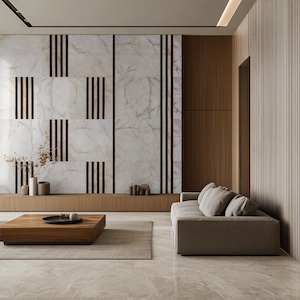 Wood Slats Modules and Marble - Fluted Modern Decorative Wall Panels for Contemporary Interiors