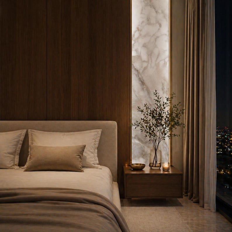 May include: A modern bedroom interior featuring a bed with beige bedding and pillows. A dark wood accent wall contrasts with a marble panel and a floating nightstand with a vase of greenery, a bowl, and a candle. Curtains frame a city view.