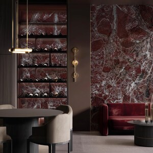 Gothic home decor wall panels in a dark red and black marble look. Inspired by Rosso Levanto marble, ARKdeko’s luxury panels bring bold elegance to gothic interiors, wine rooms, and statement walls.