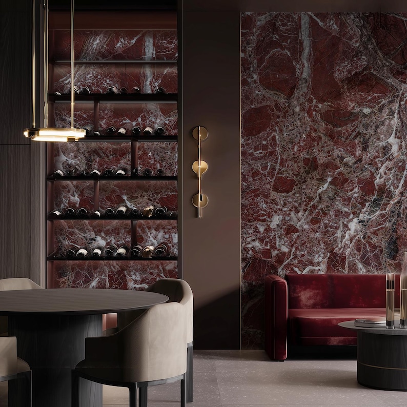 Gothic home decor wall panels in a dark red and black marble look. Inspired by Rosso Levanto marble, ARKdeko’s luxury panels bring bold elegance to gothic interiors, wine rooms, and statement walls.