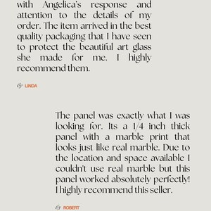 May include: Testimonial text praising a seller's service and a marble-effect panel. The text mentions the seller's name and the customer's recommendation. The panel is described as 0.6 cm thick.