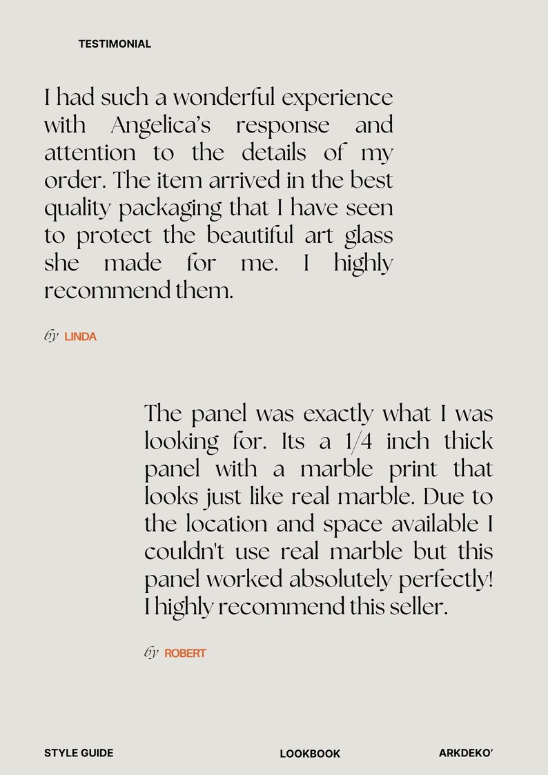 May include: Testimonial text praising a seller's service and a marble-effect panel. The text mentions the seller's name and the customer's recommendation. The panel is described as 0.6 cm thick.