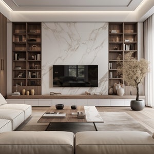 TV Calacatta Accent Wall. Tailor made Marble Look Panels from Italy. Sleekly elevate your accent wall with one of a kind design.