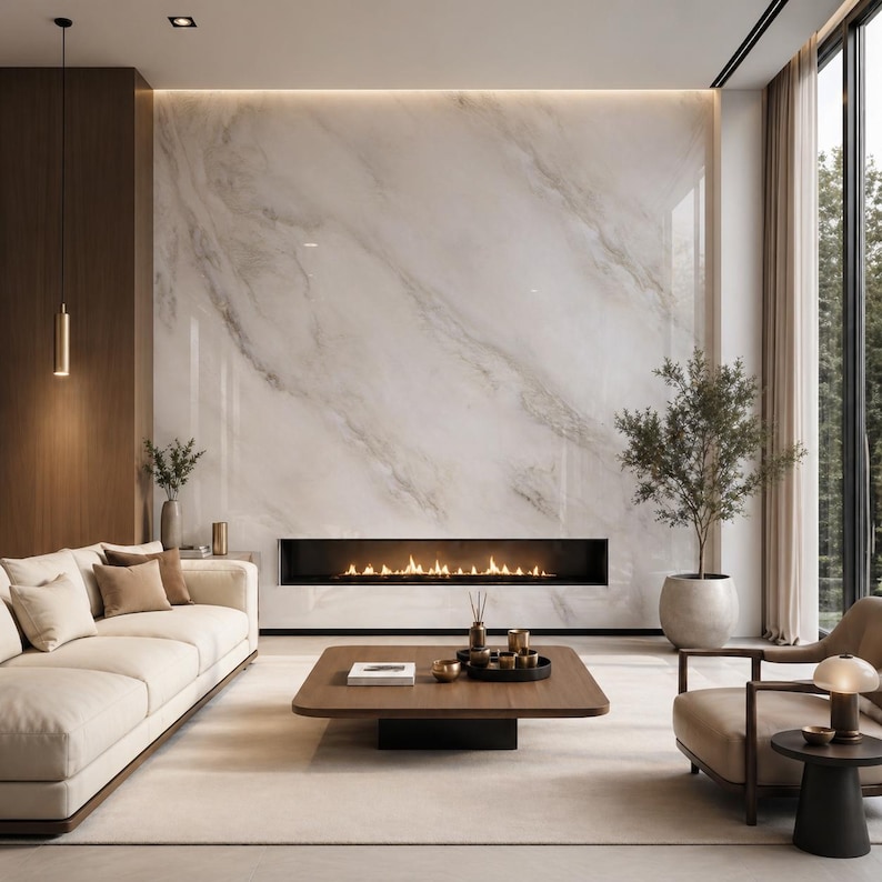 May include: A modern living room with a marble accent wall, a fireplace, and a beige sofa. A wooden coffee table sits on a light-colored rug. A potted tree and a beige armchair complete the space. The room is bathed in natural light.